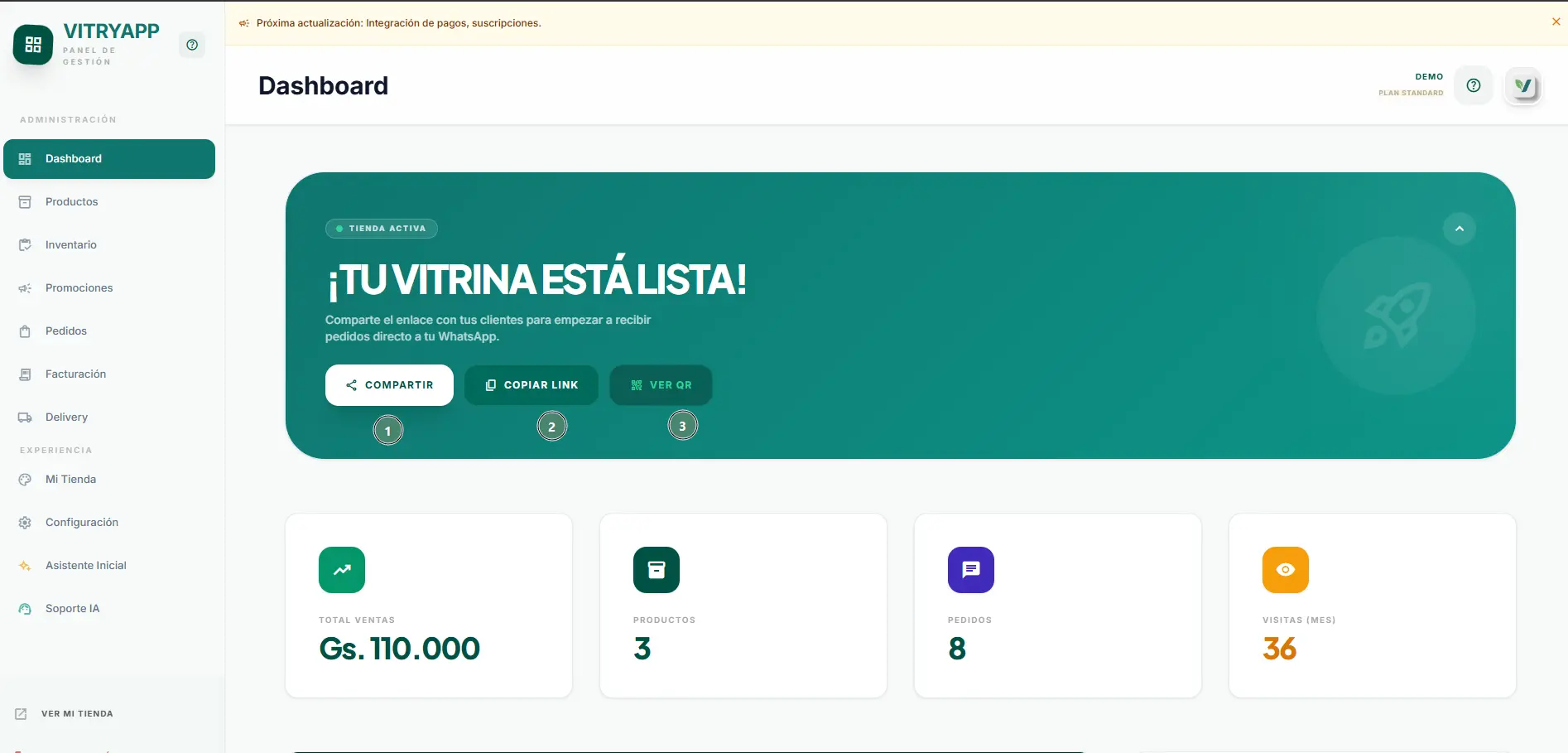 Dashboard con métricas y accesos