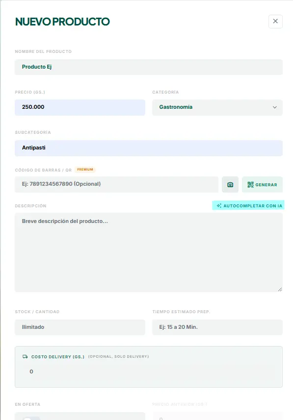 Formulario de producto