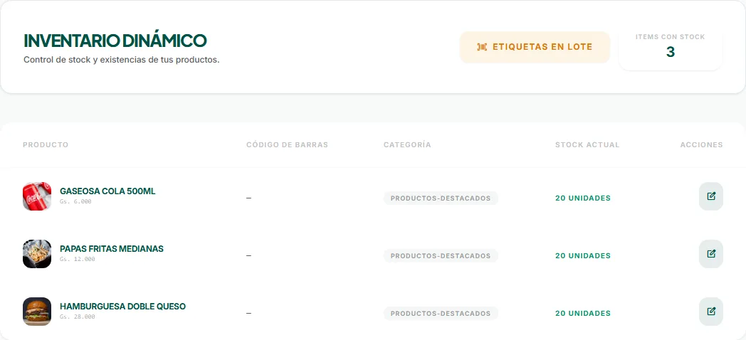Tabla de inventario